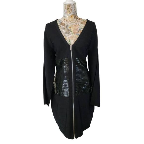 Venus Black Bandage Bodycon V Neck Shiny Reptile Accent Full Zip Sexy Dress - Picture 2 of 9